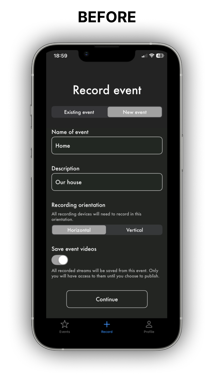 Before: the old app's new event setup form