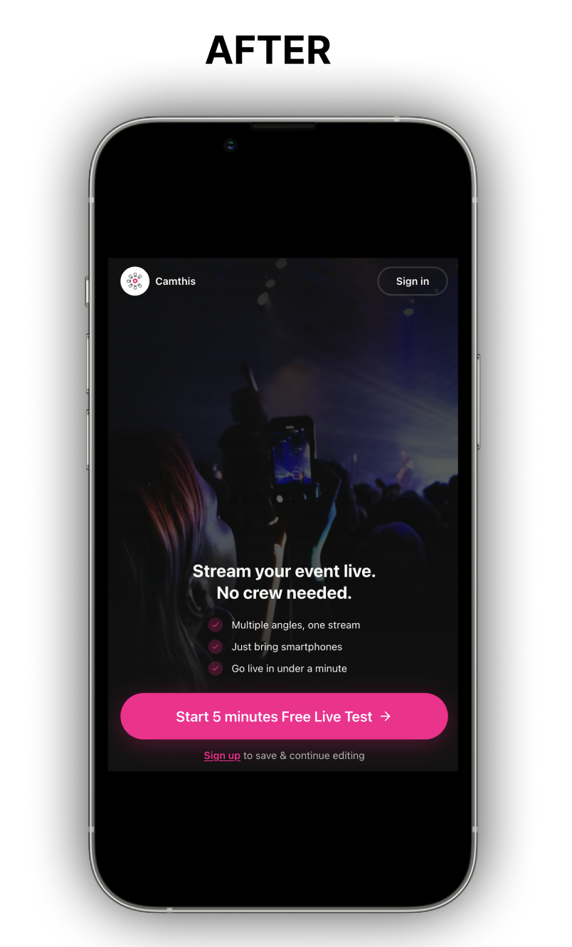 After: the new Camthis landing screen, stream your event live no crew needed