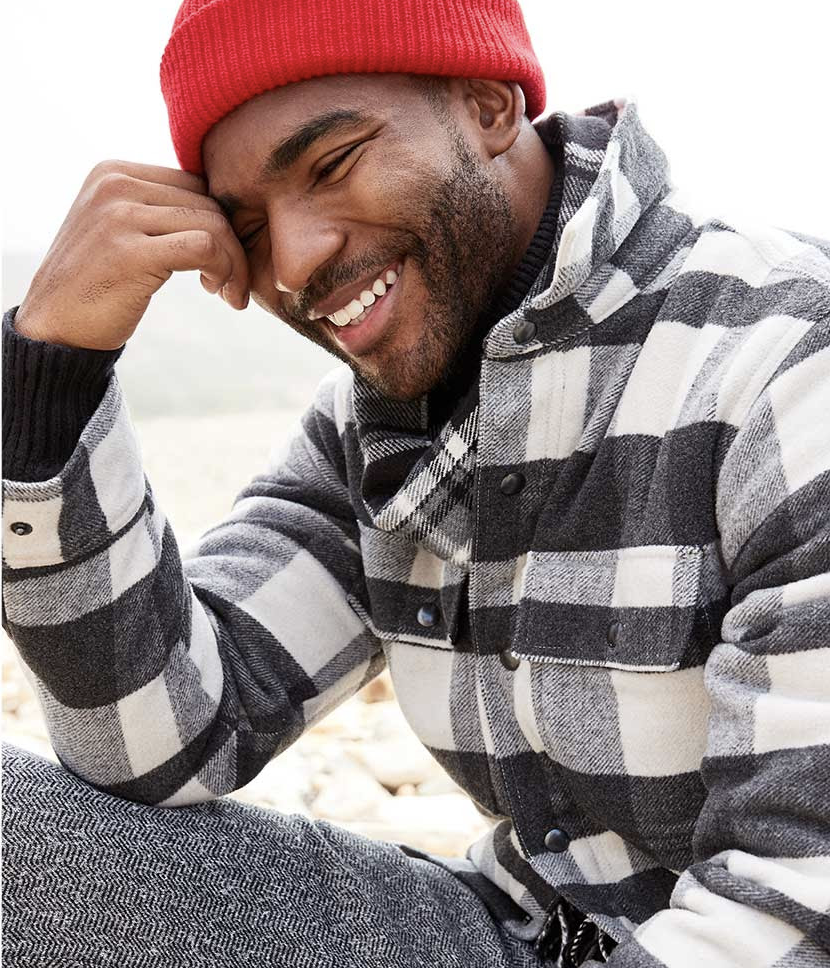 Old Navy menswear — plaid sherpa shirt jacket campaign