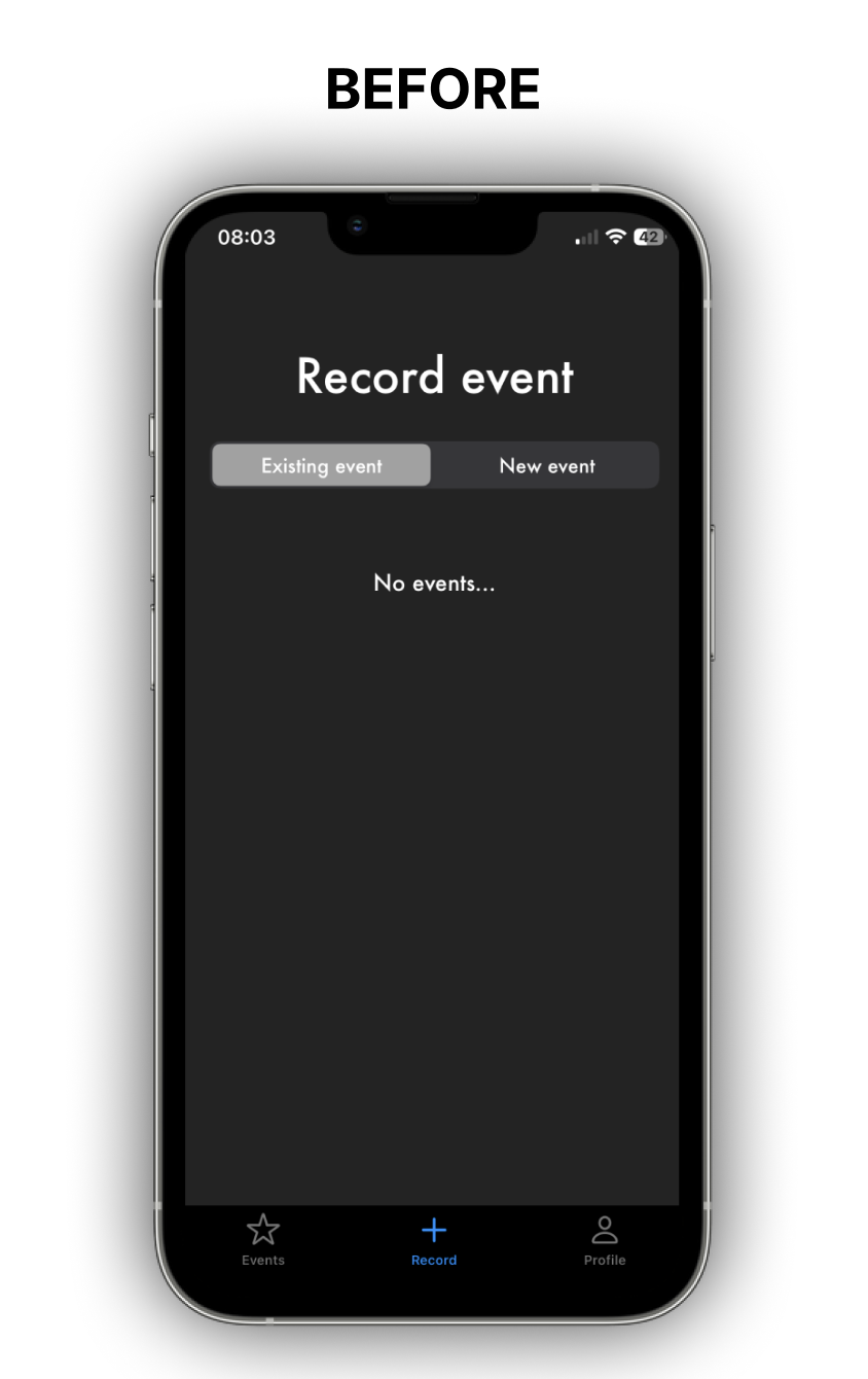 Before: the old app's Record event screen with no events