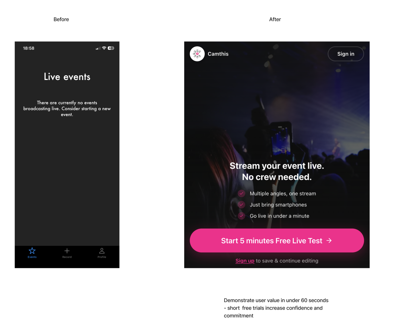 Camthis onboarding before and after: original empty Live events screen vs new hero with free trial CTA
