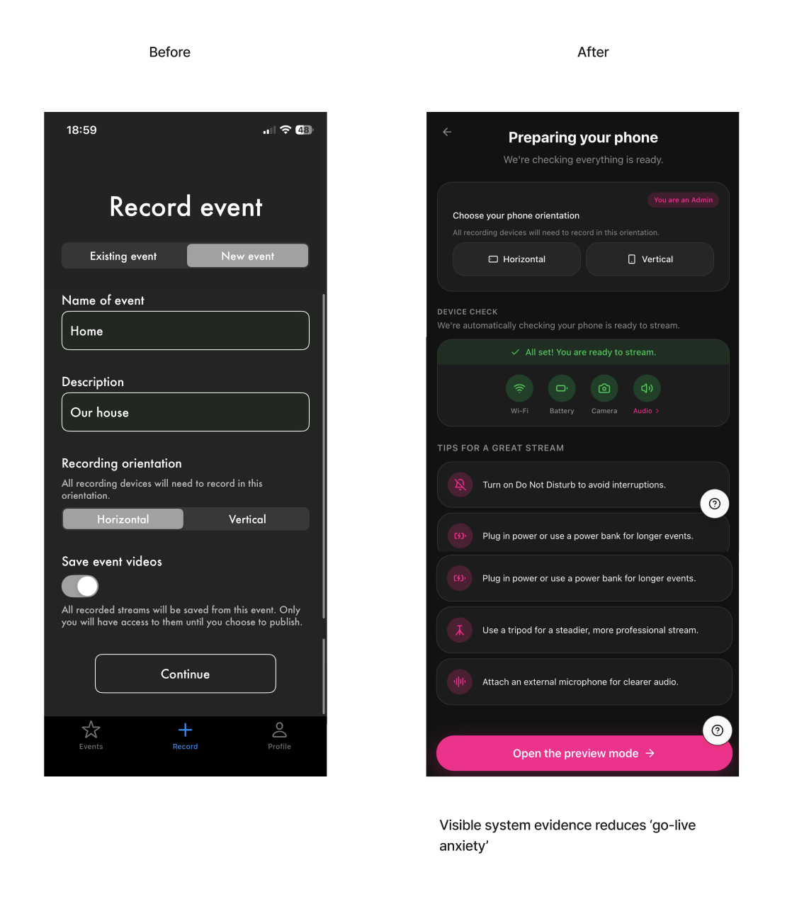 Camthis preparing to record: before and after of the record event setup screen
