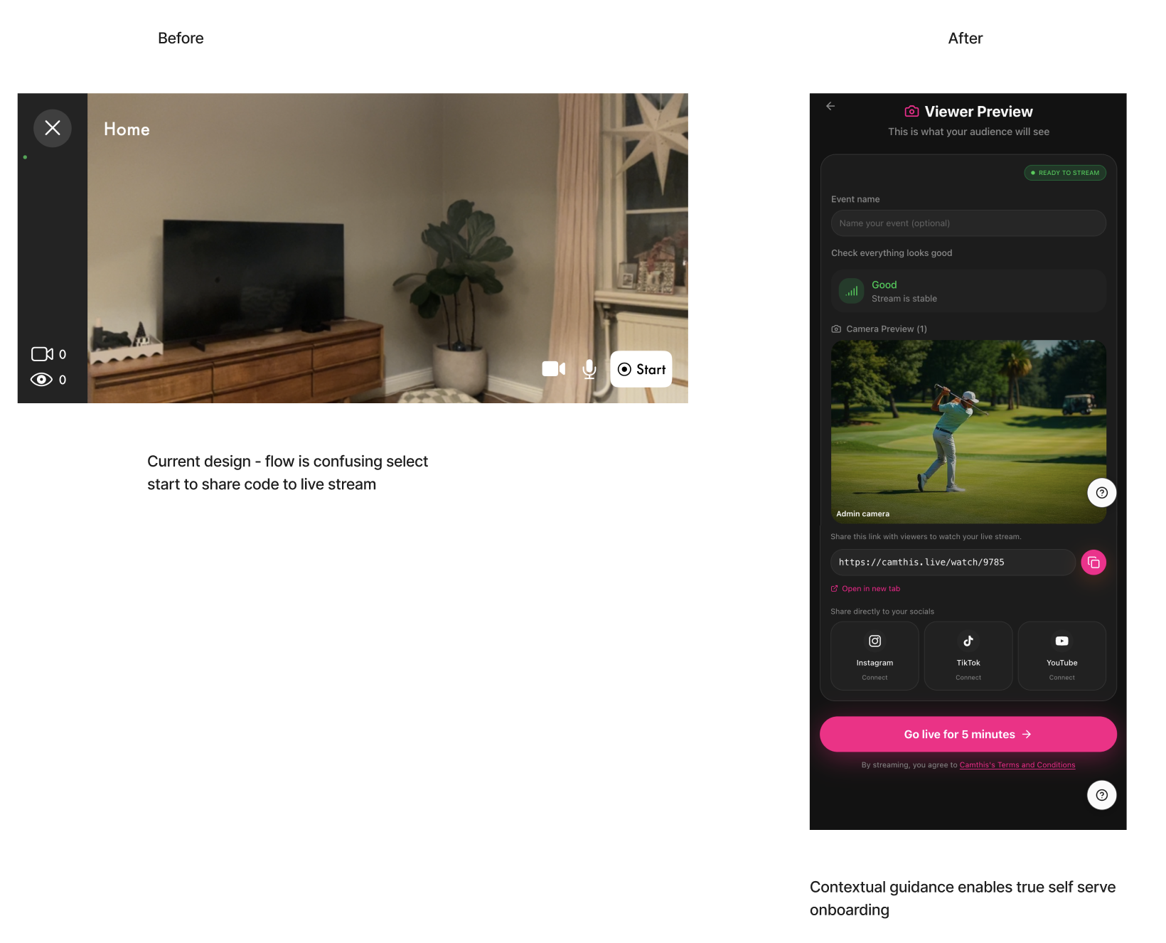 Camthis share live stream link: before and after of the viewer preview and share flow